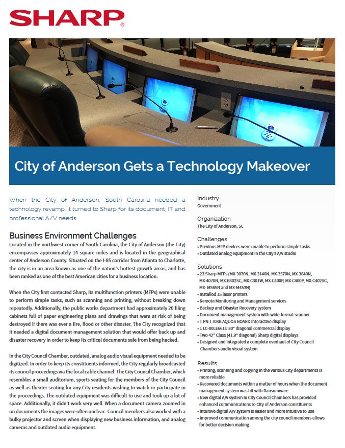 City Of Anderson Case Study Cover, Sharp, ABM Business Systems, Sharp, Copier, Printer, MFP, Service, Supplies, HP, Xerox, CT, Connecticut