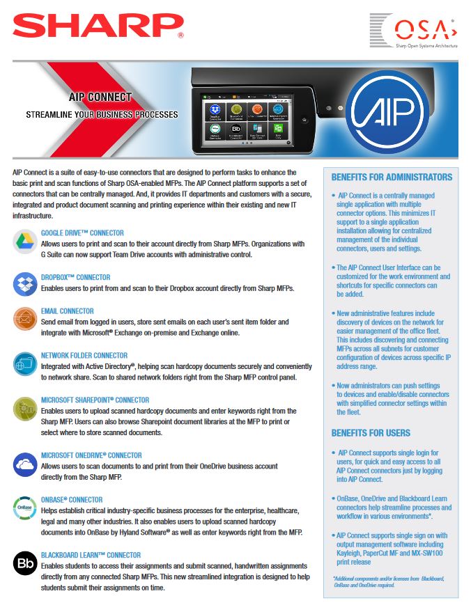 Aip Connect Data Sheet Cover, Sharp, ABM Business Systems, Sharp, Copier, Printer, MFP, Service, Supplies, HP, Xerox, CT, Connecticut