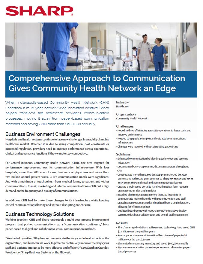 Community Health Network Case Study Pdf Cover, Sharp, ABM Business Systems, Sharp, Copier, Printer, MFP, Service, Supplies, HP, Xerox, CT, Connecticut