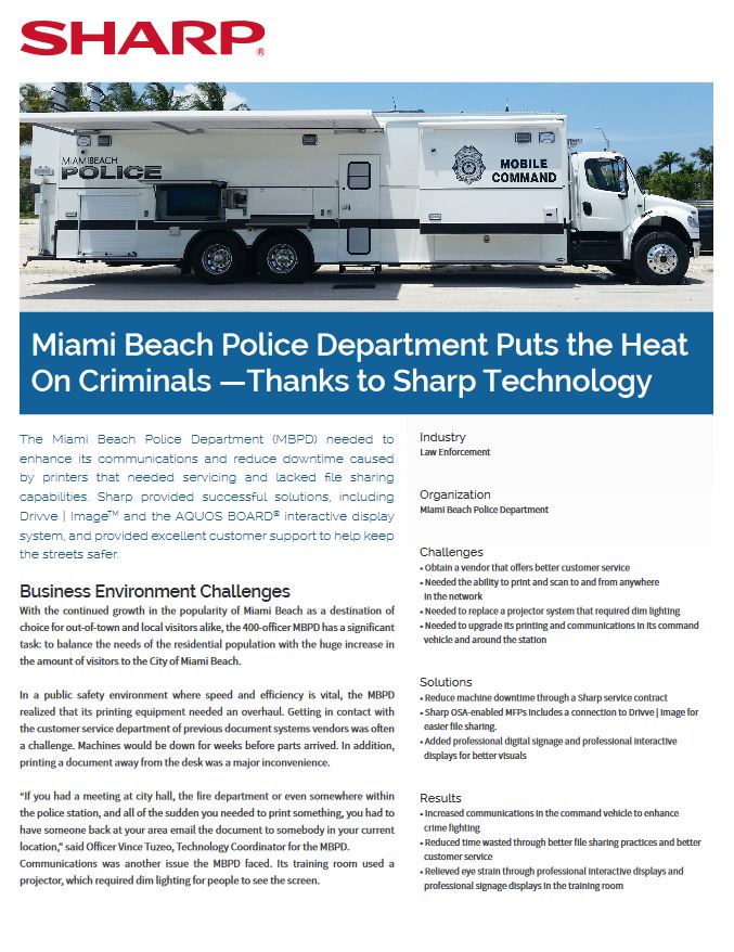Miami Beach Police Aquos Pdf Cover, Aquos board, Sharp, ABM Business Systems, Sharp, Copier, Printer, MFP, Service, Supplies, HP, Xerox, CT, Connecticut