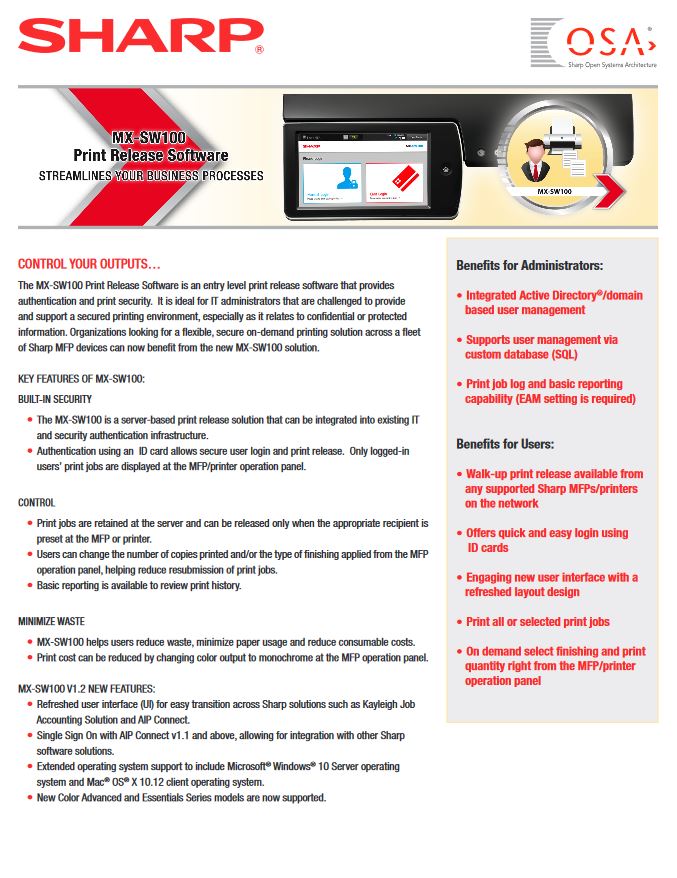 Sharp Mx Sw100 Data Sheet, Sharp, ABM Business Systems, Sharp, Copier, Printer, MFP, Service, Supplies, HP, Xerox, CT, Connecticut