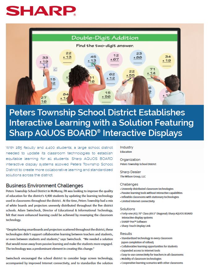 Peters Township School District Aquos Board Case Study, Sharp, ABM Business Systems, Sharp, Copier, Printer, MFP, Service, Supplies, HP, Xerox, CT, Connecticut