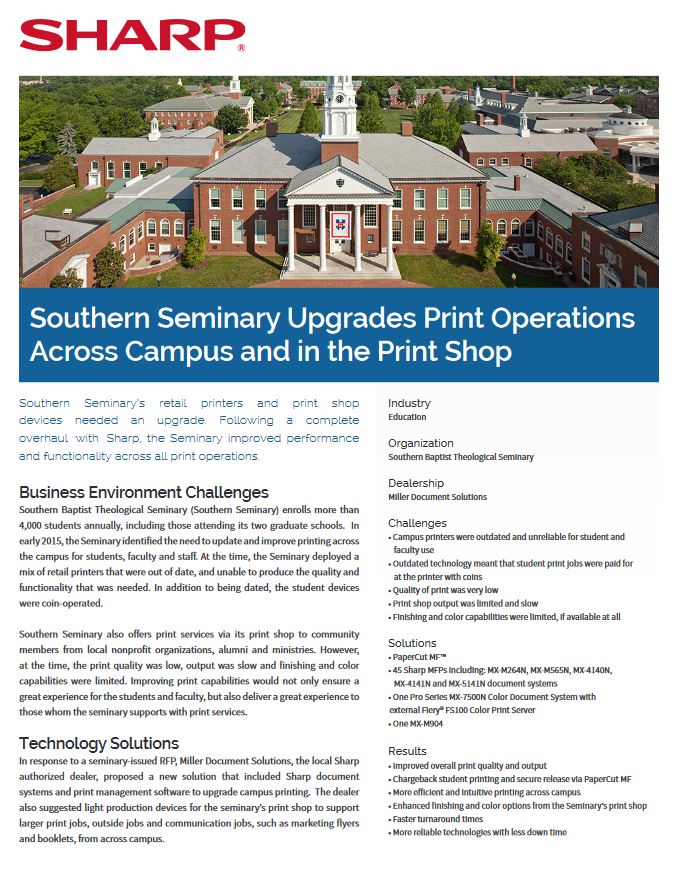 Southern Seminary Print Operations Case Study Education, Sharp, ABM Business Systems, Sharp, Copier, Printer, MFP, Service, Supplies, HP, Xerox, CT, Connecticut